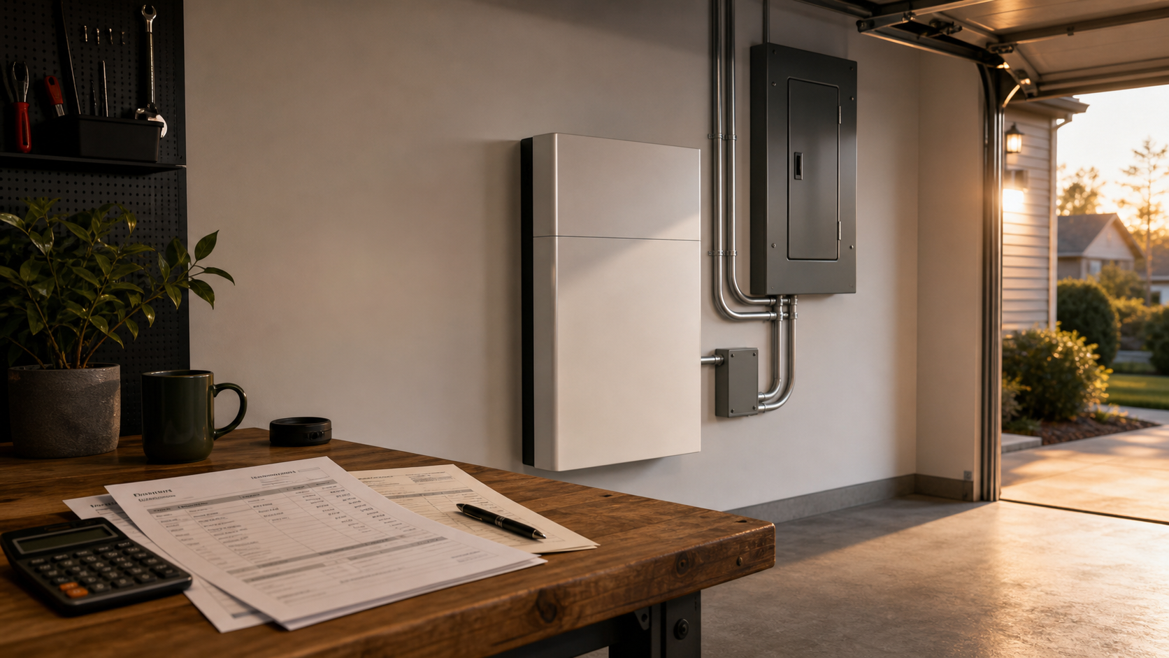 Clean residential garage home battery installation with quote paperwork
