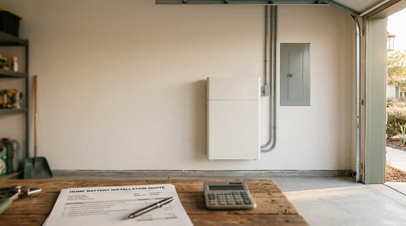 Clean residential garage home battery installation with quote paperwork